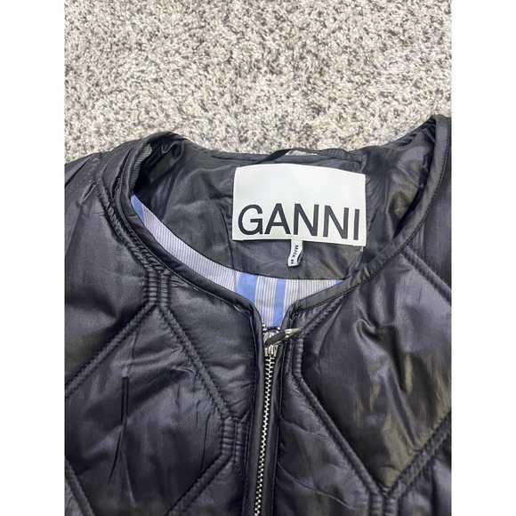 GANNI Black Quilted Ripstop Jacket Tie Waist Collarless Zip Up Womens Size L - Picture 3 of 13